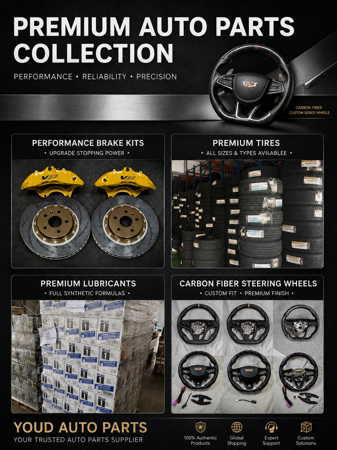 Premium auto parts collection — brake kits, tires, lubricants and carbon fiber steering wheels